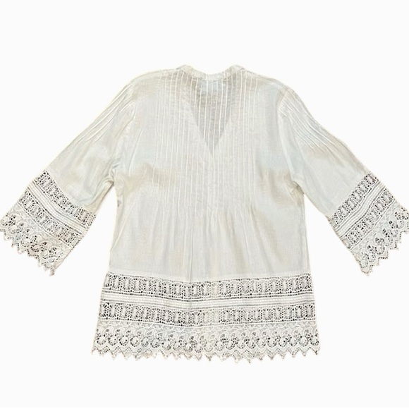 Boho Blouse Linen Cottagecore 7” Eyelet Lace Plus XL Button V-neck 3/4 Sleeves - Picture 9 of 9